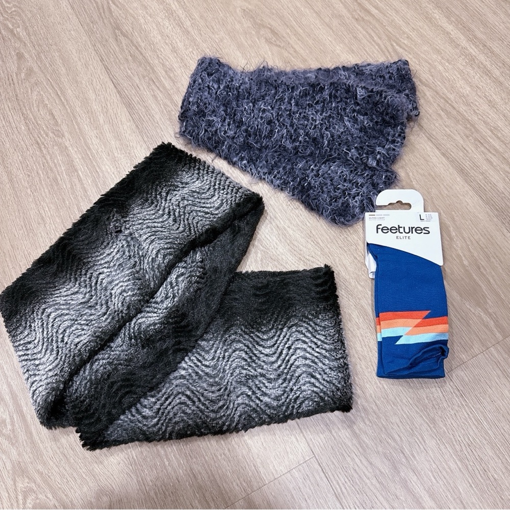 $12 for 3 Fuzzy Black and Gray Scarf with Blue Feetures Socks